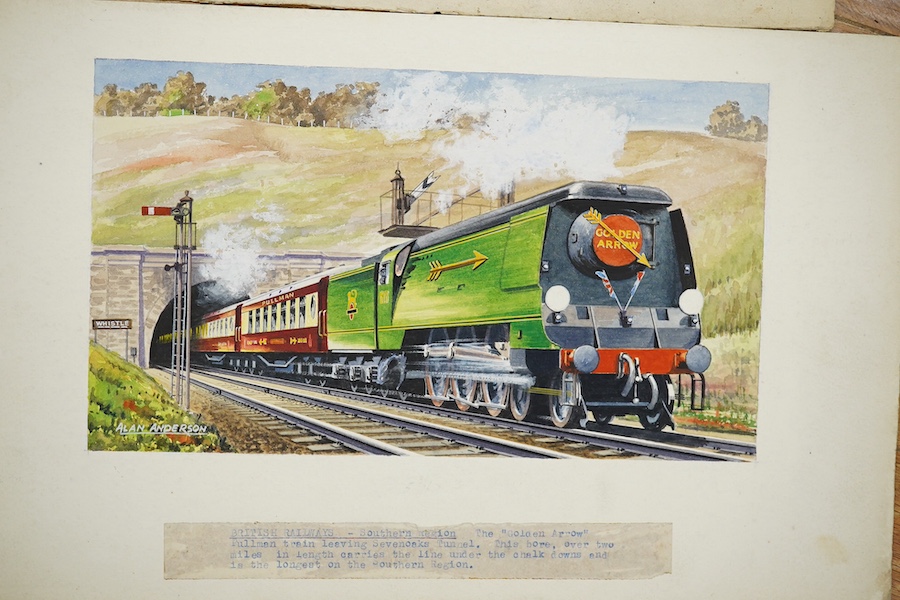Alan Anderson, four original watercolours for postcards, Vintage Steam Trains, ‘A1 class Queen of Scots’, ‘Southern Region Golden Arrow’, ‘A2 class Barham’ and ‘A4 Pacific Union of South Africa, three signed, mounted, 24